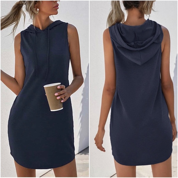 BellanBlue Dresses & Skirts - Cozy Navy Blue Minimalist Sleeveless Hoodie Casual Dress